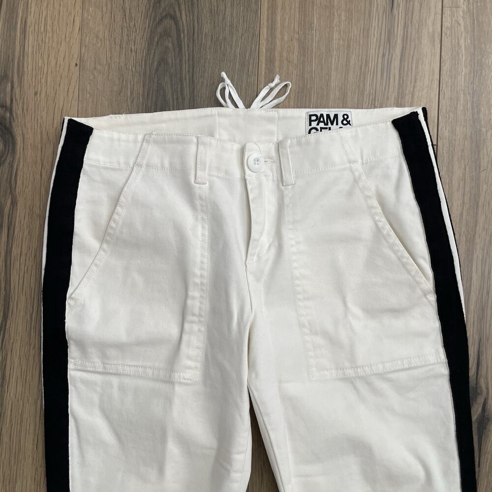 PAM & GELA Women's Size 26 Side Stripe Raw Step Hem Ankle Pants Jeans White - Picture 2 of 9